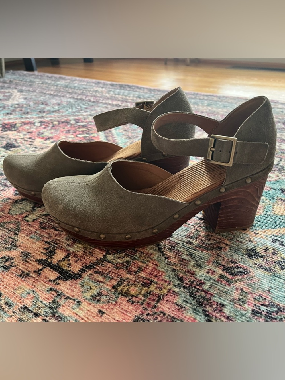 Kork-Ease Olive Suede Mary Jane Clogs with Ankle Strap